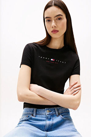 Kadın Linear Logo Slim T-Shirt - Siyah | L