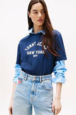 Kadın Varsity Logolu Relaxed Fit T-Shirt - Lacivert | M