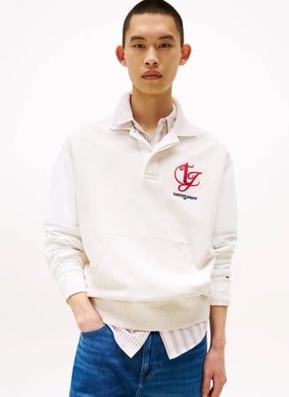 Tommy Jeans Polo Yaka Ekru Erkek Sweatshırt DM0DM21800AE3 TJM RLX COLORBLOCK MO