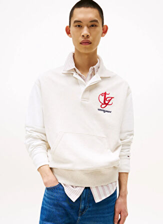 Tommy Jeans Polo Yaka Ekru Erkek Sweatshırt DM0DM21800AE3 TJM RLX COLORBLOCK MO