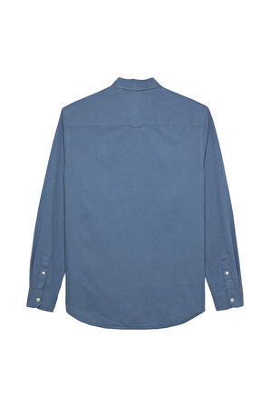 Erkek Regular Fit Düğmeli Yaka Keten Karışımlı Gömlek - Mavi | XS