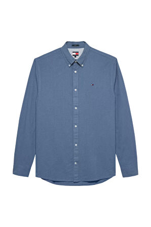 Erkek Regular Fit Düğmeli Yaka Keten Karışımlı Gömlek - Mavi | S