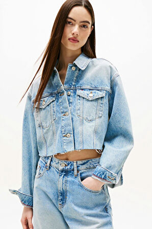 Tommy Jeans Kadın İkonik Şeritli Kısa Jean Mavi Ceket DW0DW210631A5