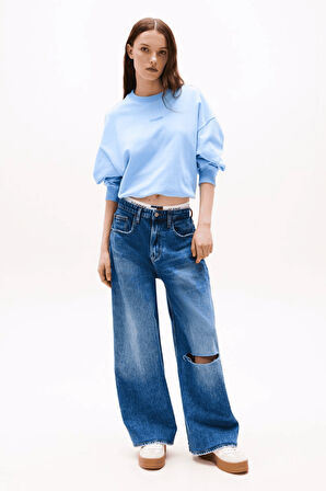 Kadın Crop Script Logolu Sweatshirt - Mavi | XS