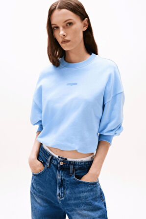 Kadın Crop Script Logolu Sweatshirt - Mavi | M