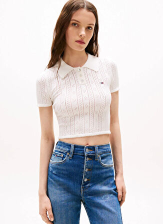 Tommy Jeans Yuvarlak Yaka Standart Düz Ekru Kazak Kadın DW0DW20965YBL