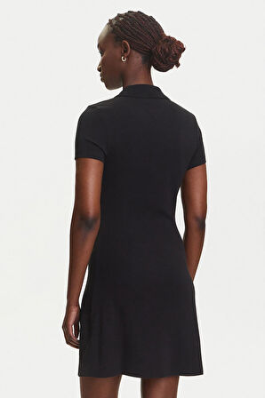 Kadın Polo Yaka Fit & Flare Kesim Fitilli Elbise - Siyah | XS