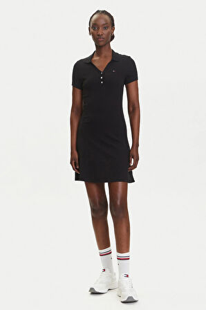 Kadın Polo Yaka Fit & Flare Kesim Fitilli Elbise - Siyah | XS