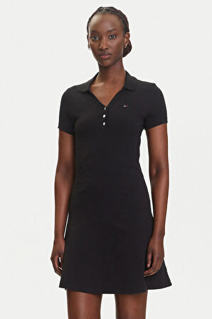 Kadın Polo Yaka Fit & Flare Kesim Fitilli Elbise - Siyah | S