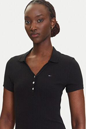 Kadın Polo Yaka Fit & Flare Kesim Fitilli Elbise - Siyah | S