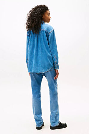 Kadın Rahat Kalıp Çift Göğüs Cepli Kot Gömlek - Mavi | XS