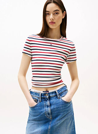 Tommy Jeans Yuvarlak Yaka Çizgili Lacivert - Kırmızı - Beyaz Kadın T-Shirt DW0DW173830FG