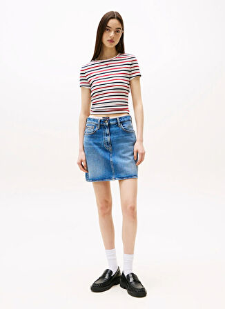 Tommy Jeans Yuvarlak Yaka Çizgili Lacivert - Kırmızı - Beyaz Kadın T-Shirt DW0DW173830FG
