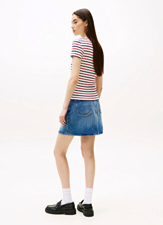 Tommy Jeans Yuvarlak Yaka Çizgili Lacivert - Kırmızı - Beyaz Kadın T-Shirt DW0DW173830FG