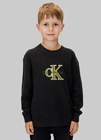 Calvin Klein Bisiklet Yaka Regular Fit Nakışlı Siyah Erkek Çocuk Kazak IB0IB02598BEH