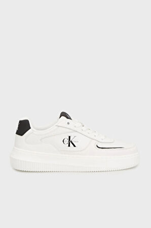 Calvin Klein Jeans Kalın Tabanlı Bileksiz Deri-Nubuk Monogramlı Kadın Beyaz Sneaker YW0YW02001-01W