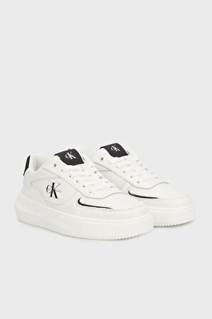 Calvin Klein Jeans Kalın Tabanlı Bileksiz Deri-Nubuk Monogramlı Kadın Beyaz Sneaker YW0YW02001-01W