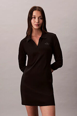 Kadın Regular Fit Polo Yaka Fitilli Mini Elbise - Siyah | S