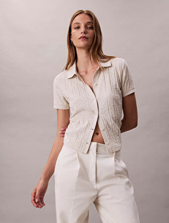 Calvin Klein Kısa Kollu Tamamı Baskılı Jakarlı Polo Kadın Beyaz T-shirt LV044D209G-67U