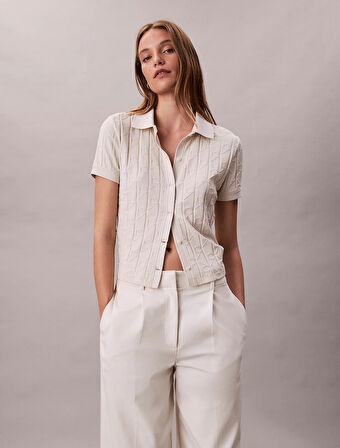 Calvin Klein Kısa Kollu Tamamı Baskılı Jakarlı Polo Kadın Beyaz T-shirt LV044D209G-67U