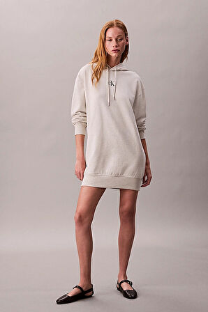 Kadın Rahat Kalıp Kapüşonlu Sweatshirt Elbise - Bej Melanj | M