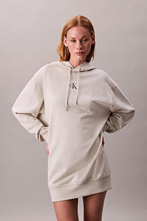 Kadın Rahat Kalıp Kapüşonlu Sweatshirt Elbise - Bej Melanj | M