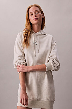 Kadın Rahat Kalıp Kapüşonlu Sweatshirt Elbise - Bej Melanj | M