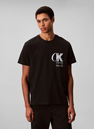 Calvin Klein Bisiklet Yaka Siyah Erkek T-Shirt LV04RD823GUB1_SS 20S EU CK OVERLAP