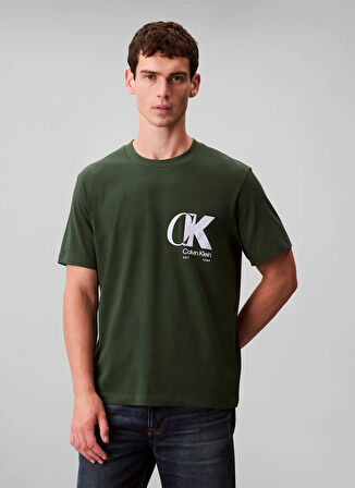 Calvin Klein Bisiklet Yaka Yeşil Erkek T-Shirt LV04RD823GLLG_SS 20S EU CK OVERLAP