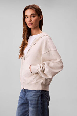 Kadın Regular Fit Fermuarlı Kapüşonlu Sweatshirt - Bej | M