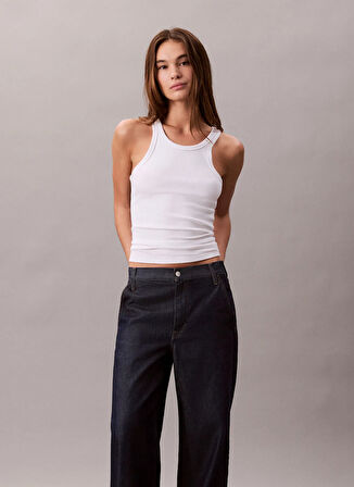 Calvin Klein Yüksek Bel Geniş Paça Geniş Fit Koyu Mavi Kadın Denim Pantolon LV047D769G34A