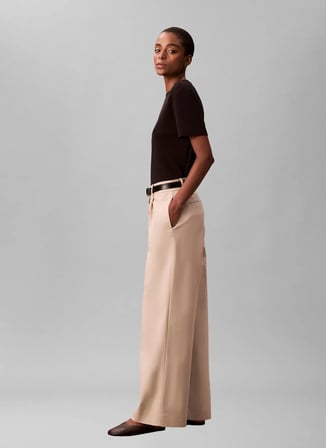 Calvin Klein Ekru Kadın Normal Fit Pantolon STRETCH CHINO W/ PLEAT -WIDE LEG