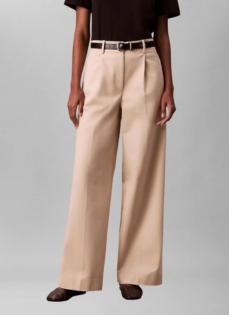 Calvin Klein Ekru Kadın Normal Fit Pantolon STRETCH CHINO W/ PLEAT -WIDE LEG