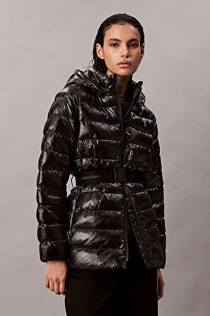Kadın Belted Lightweight Puffer Mont - Siyah | XL