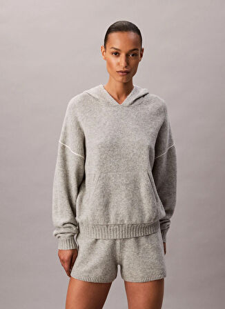 Calvin Klein Kapüşon Yaka Düz Gri Kadın Sweatshırt PLUSH HOODIE.