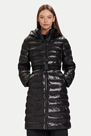 Kadın Kapüşonlu Kemerli Hafif Uzun Şişme Kaban - Siyah | M