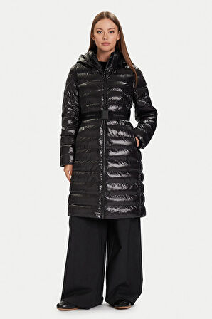 Kadın Kapüşonlu Kemerli Hafif Uzun Şişme Kaban - Siyah | XL