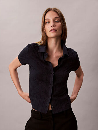 Calvin Klein Kısa Kollu Tamamı Baskılı Jakarlı Polo Kadın Mavi T-shirt LV044D209G-CEF