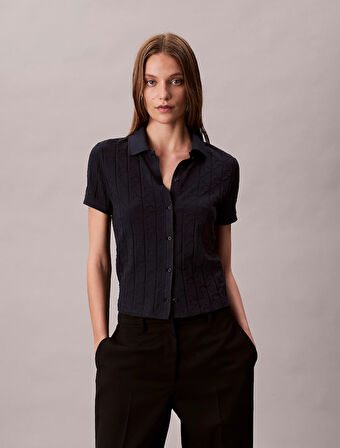 Calvin Klein Kısa Kollu Tamamı Baskılı Jakarlı Polo Kadın Mavi T-shirt LV044D209G-CEF