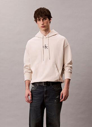 Calvin Klein Jeans Kapüşon Yaka Krem Erkek Sweatshırt LV04RC281G67U PREMIUM TERRY MICRO M