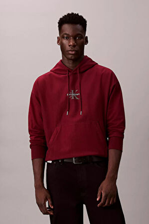 Erkek Regular Fit Monogram Logolu Kapüşonlu Sweatshirt - Bordo | M