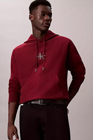 Erkek Regular Fit Monogram Logolu Kapüşonlu Sweatshirt - Bordo | L