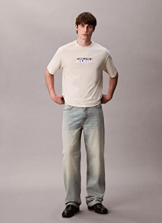 Calvin Klein Jeans Bisiklet Yaka Baskılı Krem Erkek T-Shirt LV04RD808GYAE SS 16S TC CALVIN KLEI