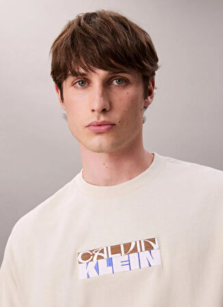 Calvin Klein Jeans Bisiklet Yaka Baskılı Krem Erkek T-Shirt LV04RD808GYAE SS 16S TC CALVIN KLEI