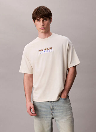 Calvin Klein Jeans Bisiklet Yaka Baskılı Krem Erkek T-Shirt LV04RD808GYAE SS 16S TC CALVIN KLEI
