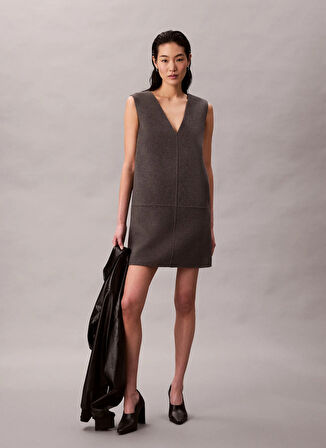 Calvin Klein V Yaka Düz Gri Kısa Kadın Elbise LV044D017GPD0