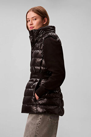 Kadın Belted Lightweight Kemerli Kapüşonlu Kolsuz Şişme Mont - Siyah | XS