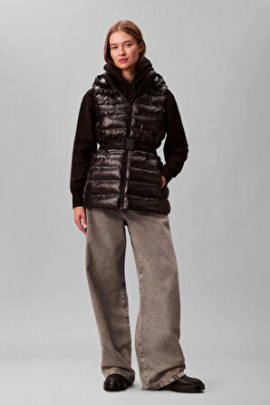 Kadın Belted Lightweight Kemerli Kapüşonlu Kolsuz Şişme Mont - Siyah | XS