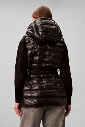 Kadın Belted Lightweight Kemerli Kapüşonlu Kolsuz Şişme Mont - Siyah | M