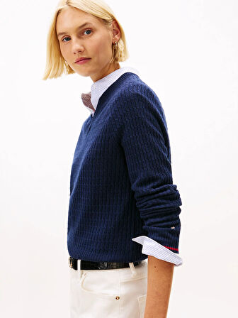 Tommy Hilfiger Yün Kaşmir Karışımlı Saç Örgülü V Yaka Uzun Kollu Kadın Mavi Kazak WW0WW464170Z0